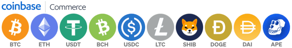 You can pay with Cryptocurrency : BTC, ETH, USDC, LTC, DOGE, BCH, USDT, DAI, APE, SHIB …