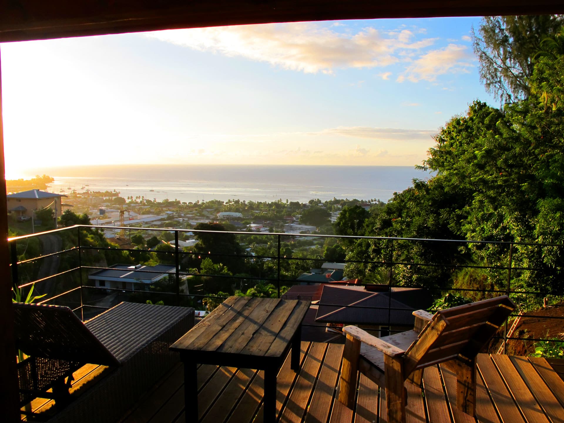 View of the ocean from the wooden terrace of the Aito bungalow